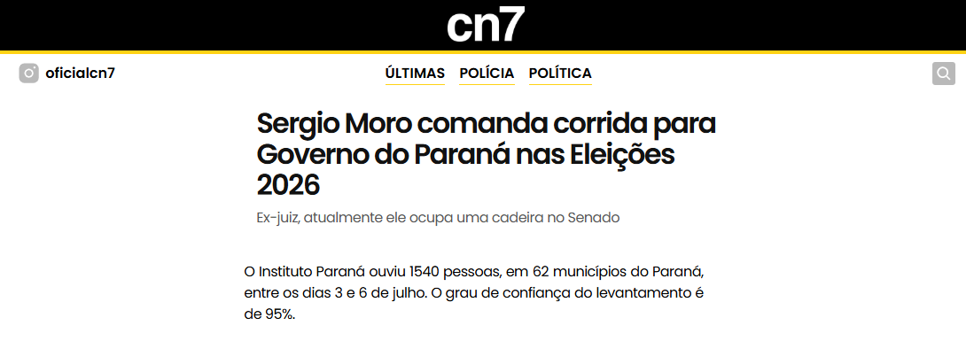 CN7 cita pesquisa realizada pela Paraná Pesquisas no Estado do Paraná.