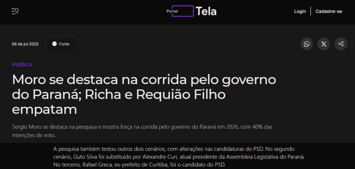 Portal Tela cita pesquisa realizada pela Paraná Pesquisas no Estado do Paraná.