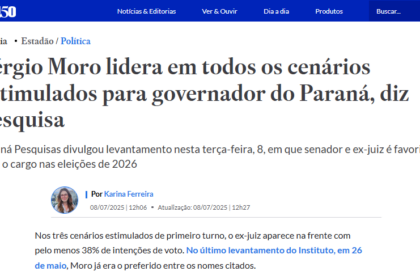 Estadão cita pesquisa realizada pela Paraná Pesquisas no Estado do Paraná.