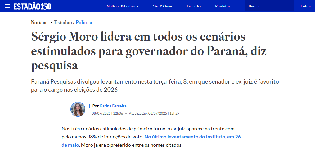 Estadão cita pesquisa realizada pela Paraná Pesquisas no Estado do Paraná.