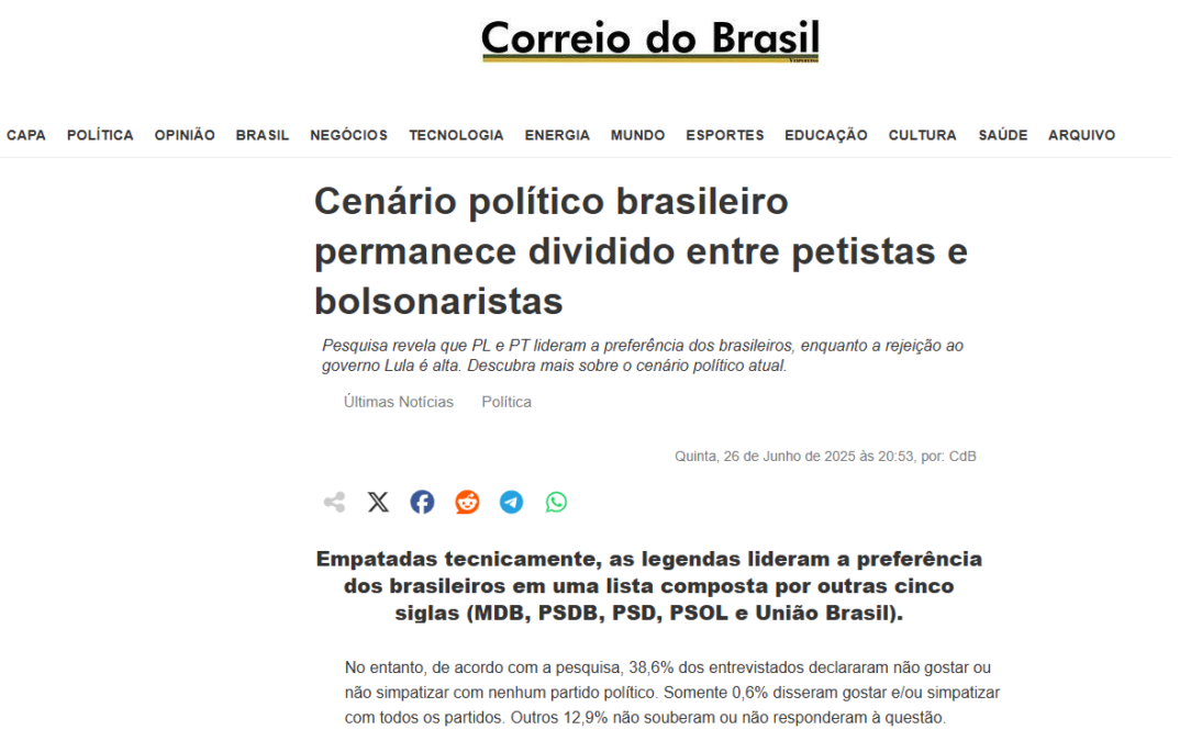 Correio do Brasil cita pesquisa realizada pela Paraná Pesquisas. 2 Correio do Brasil cita pesquisa realizada pela Paraná Pesquisas.