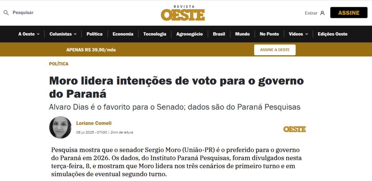 Revista Oeste cita pesquisa realizada pela Paraná Pesquisas no Estado do Paraná. 2 Revista Oeste cita pesquisa realizada pela Paraná Pesquisas no Estado do Paraná.