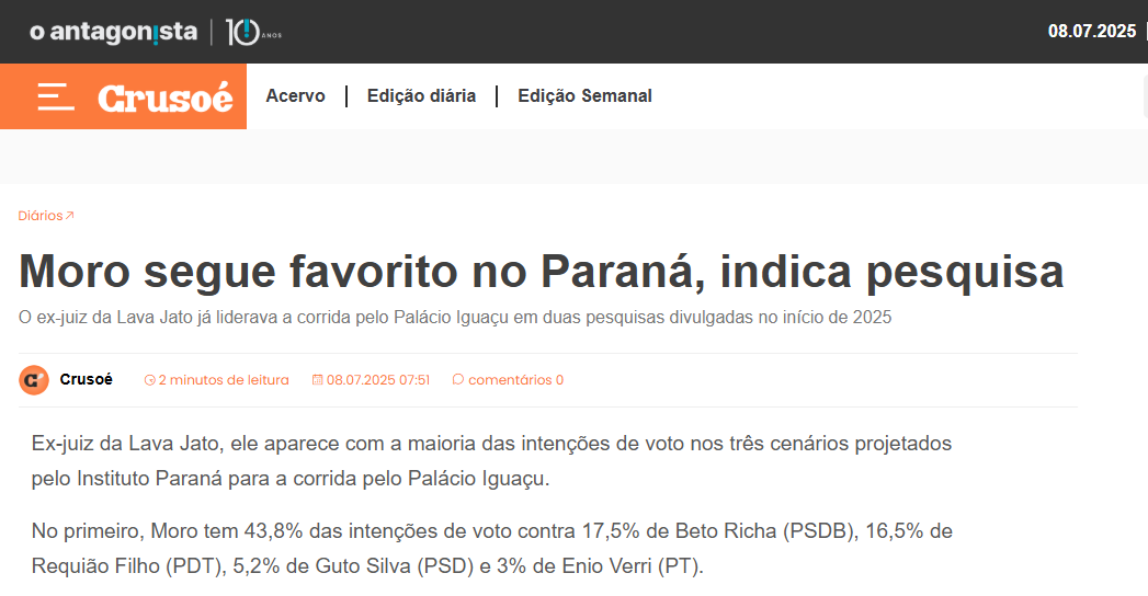 Crusoé cita pesquisa realizada pela Paraná Pesquisas no Estado do Paraná. 2 Crusoé cita pesquisa realizada pela Paraná Pesquisas no Estado do Paraná.