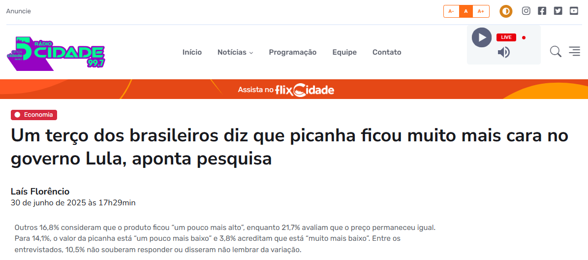 Rádio Cidade 99,7 cita pesquisa realizada pela Paraná Pesquisas. 2 Rádio Cidade 99,7 cita pesquisa realizada pela Paraná Pesquisas.