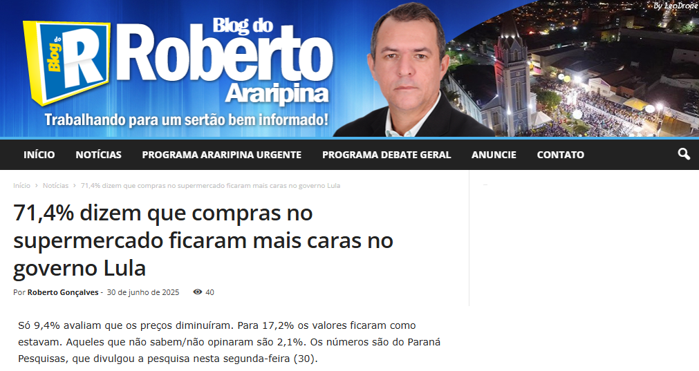 Blog do Roberto Araripina cita pesquisa realizada pela Paraná Pesquisas.