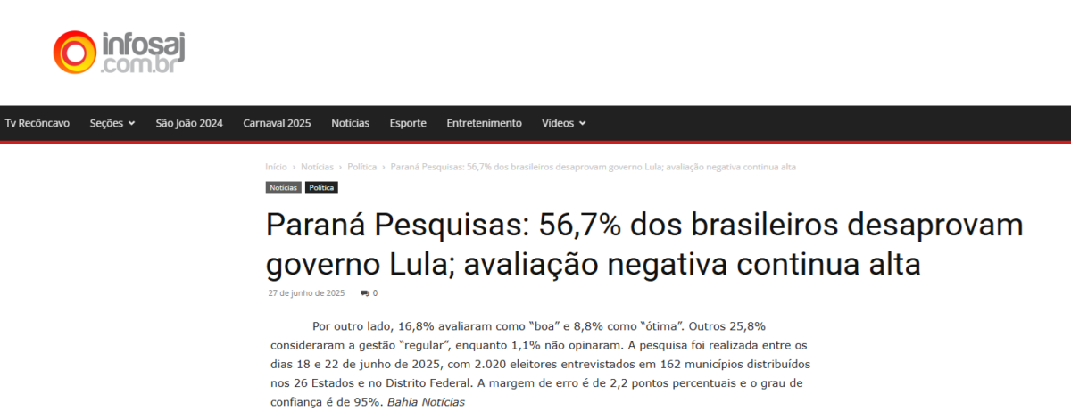 Infosaj cita pesquisa realizada pela Paraná Pesquisas. 2 Infosaj cita pesquisa realizada pela Paraná Pesquisas.