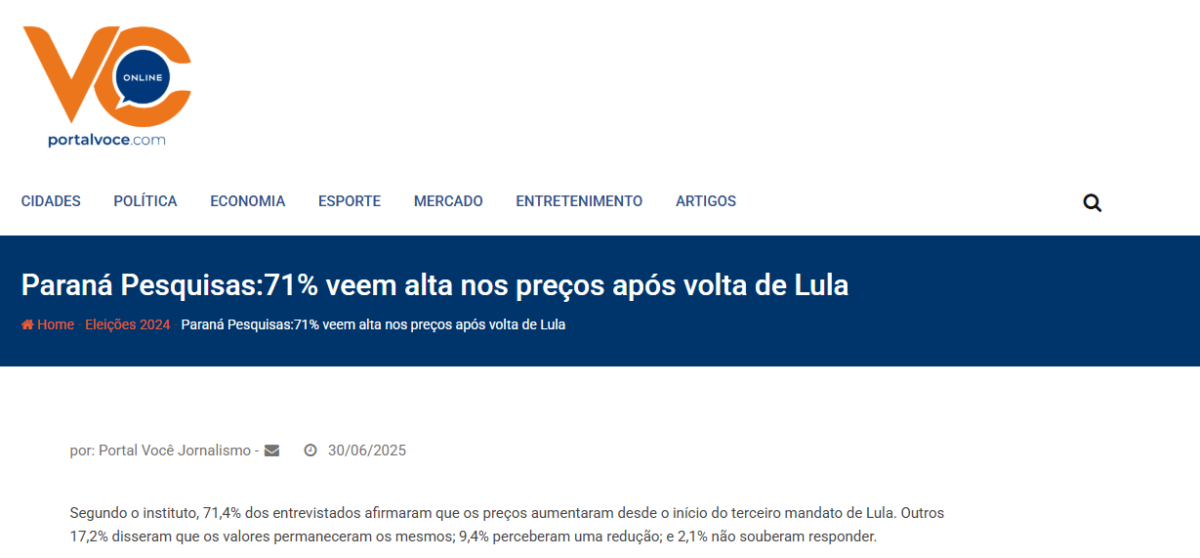 Portal Você cita pesquisa realizada pela Paraná Pesquisas.