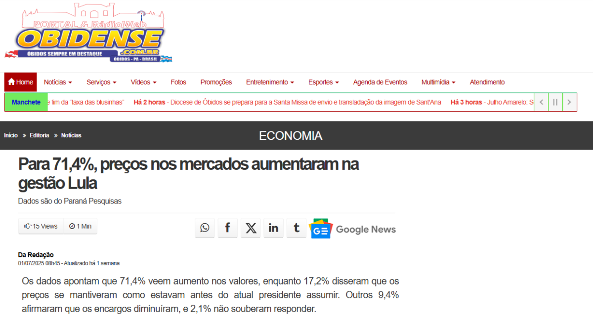 Portal Obidense cita pesquisa realizada pela Paraná Pesquisas.