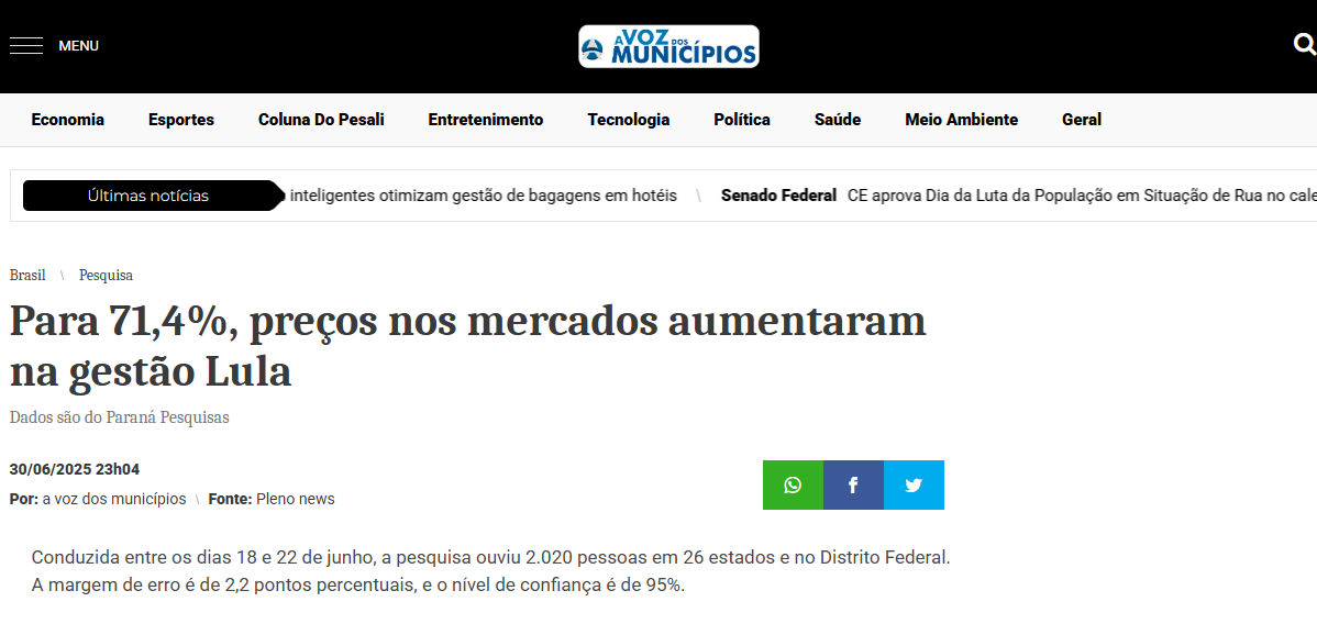 A Voz dos Municípios cita pesquisa realizada pela Paraná Pesquisas.