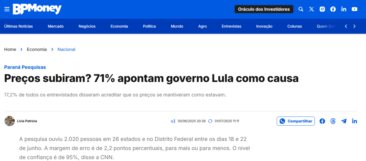 BP Money cita pesquisa realizada pela Paraná Pesquisas.