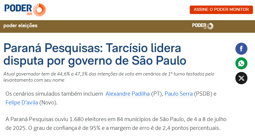 Poder 360 cita pesquisa realizada pela Paraná Pesquisas no Estado de São Paulo.