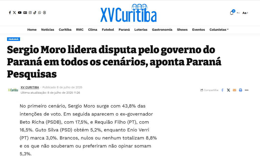 XV Curitiba cita pesquisa realizada pela Paraná Pesquisas no Estado do Paraná.