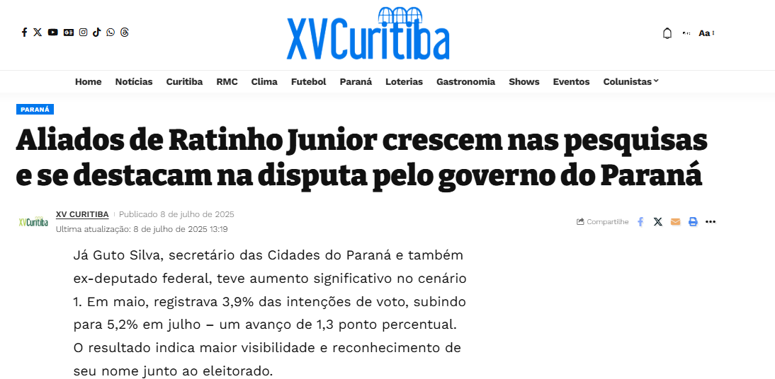 XV Curitiba cita pesquisa realizada pela Paraná Pesquisas no Estado do Paraná.