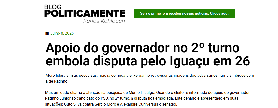 Blog Politicamente cita pesquisa realizada pela Paraná Pesquisas no Estado do Paraná. 2 Blog Politicamente cita pesquisa realizada pela Paraná Pesquisas no Estado do Paraná.