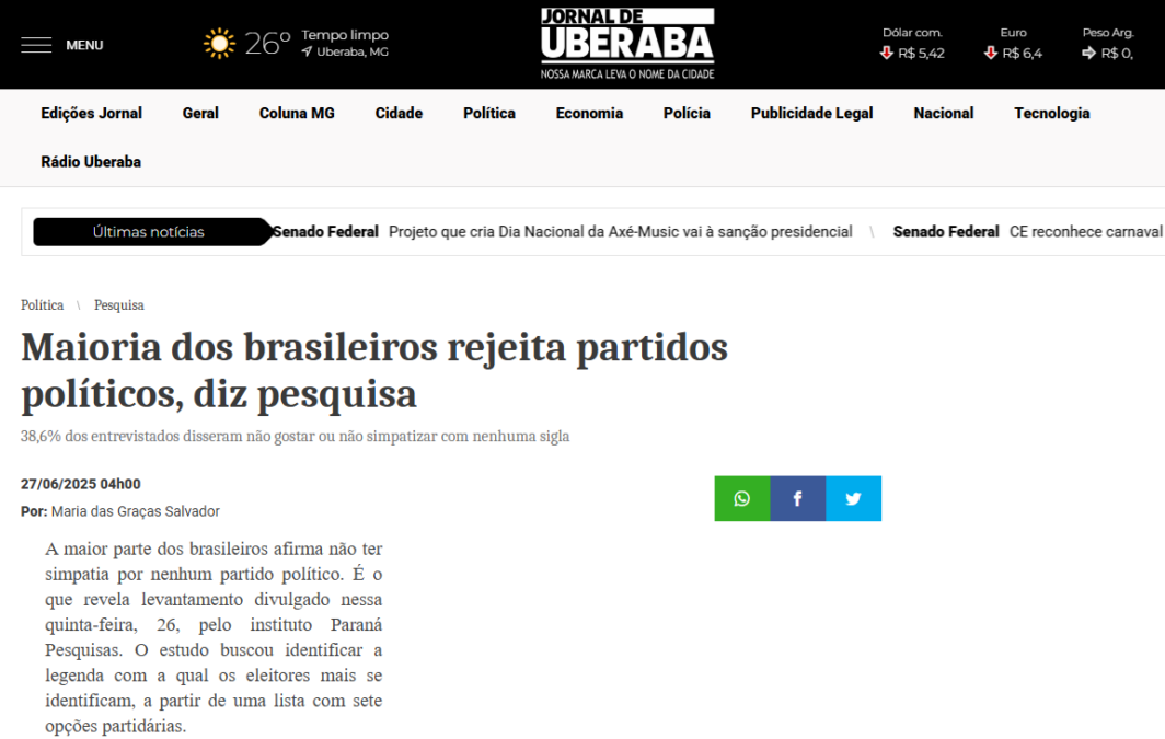 Jornal de Uberaba cita pesquisa realizada pela Paraná Pesquisas.