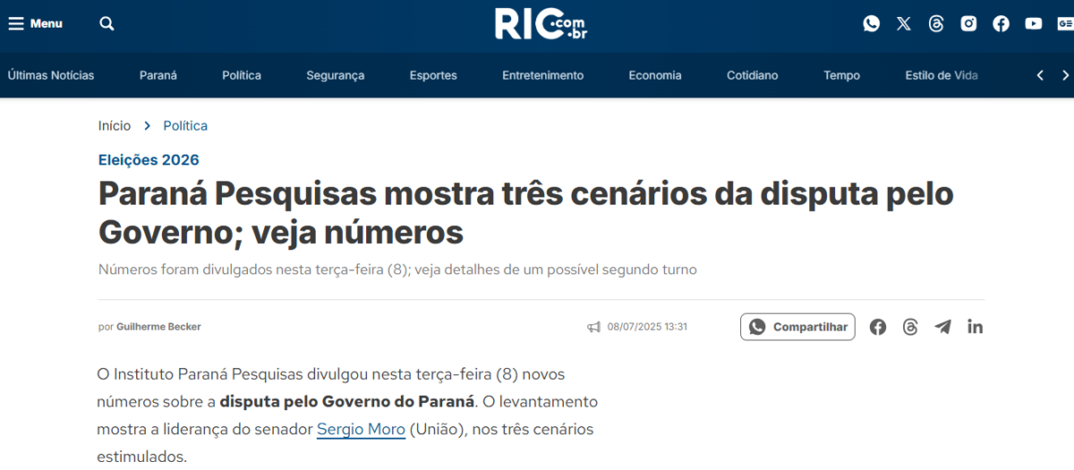 Ric cita pesquisa realizada pela Paraná Pesquisas no Estado do Paraná. 2 Ric cita pesquisa realizada pela Paraná Pesquisas no Estado do Paraná.
