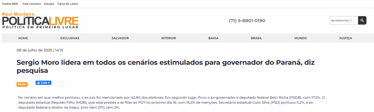 Política Livre cita pesquisa realizada pela Paraná Pesquisas no Estado do Paraná. 2 Política Livre cita pesquisa realizada pela Paraná Pesquisas no Estado do Paraná.
