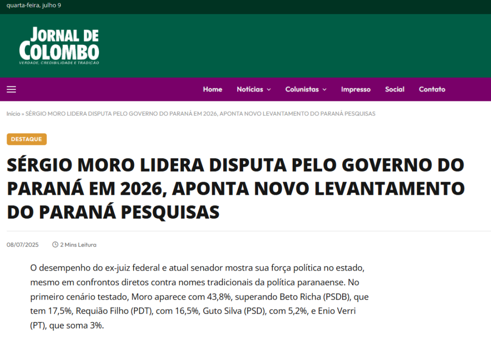 Jornal de Colombo cita pesquisa realizada pela Paraná Pesquisas no Estado do Paraná. 2 Jornal de Colombo cita pesquisa realizada pela Paraná Pesquisas no Estado do Paraná.