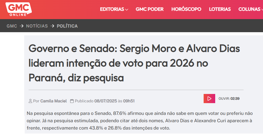 GMC Online cita pesquisa realizada pela Paraná Pesquisas no Estado do Paraná.