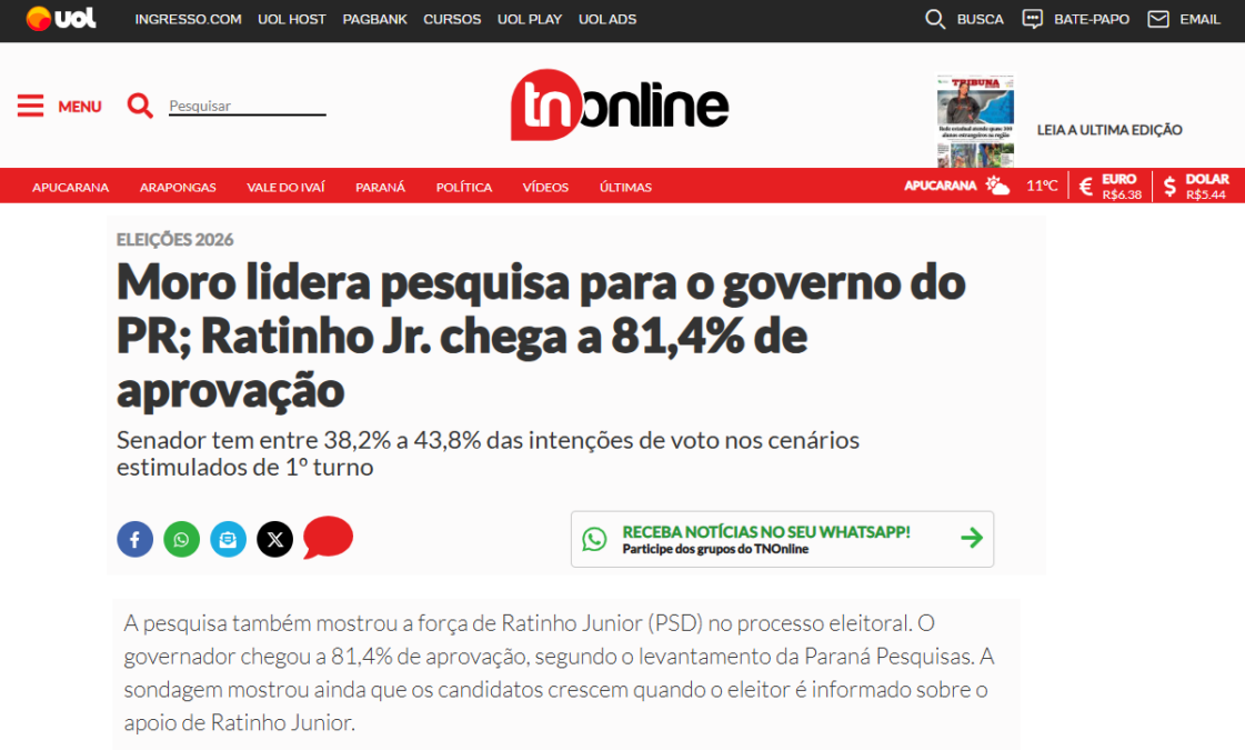 TN Online cita pesquisa realizada pela Paraná Pesquisas no Estado do Paraná. 2 TN Online cita pesquisa realizada pela Paraná Pesquisas no Estado do Paraná.