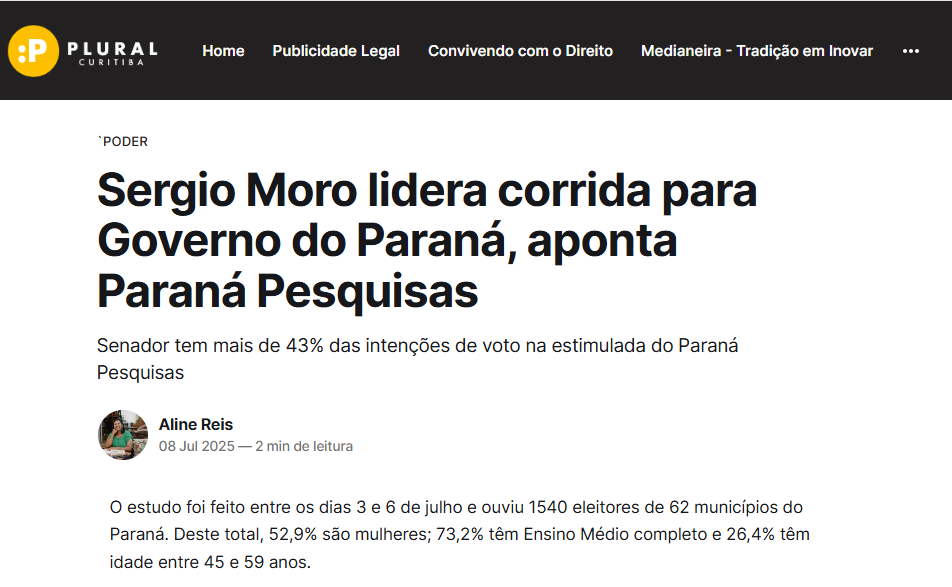 Plural cita pesquisa realizada pela Paraná Pesquisas no Estado do Paraná. 2 Plural cita pesquisa realizada pela Paraná Pesquisas no Estado do Paraná.