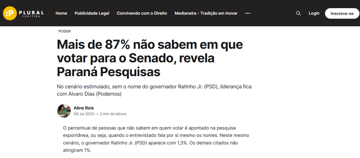 Plural cita pesquisa realizada pela Paraná Pesquisas no Estado do Paraná.