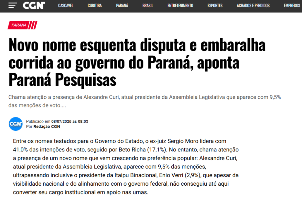 CGN cita pesquisa realizada pela Paraná Pesquisas no Estado do Paraná.