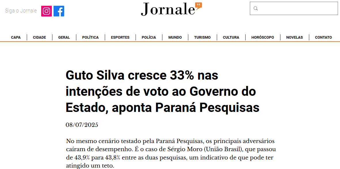 Jornale cita pesquisa realizada pela Paraná Pesquisas no Estado do Paraná. 2 Jornale cita pesquisa realizada pela Paraná Pesquisas no Estado do Paraná.