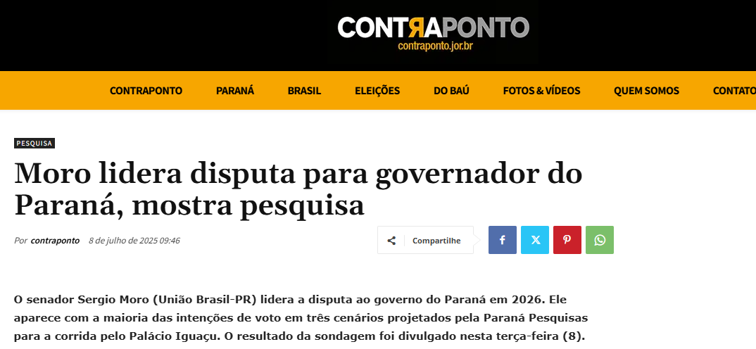 Contra Ponto cita pesquisa realizada pela Paraná Pesquisas no Estado do Paraná.