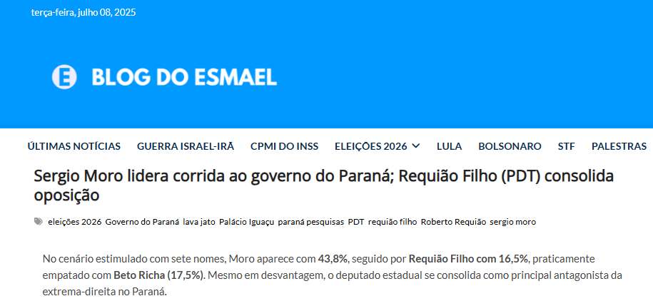 Blog do Esmael cita pesquisa realizada pela Paraná Pesquisas no Estado do Paraná.