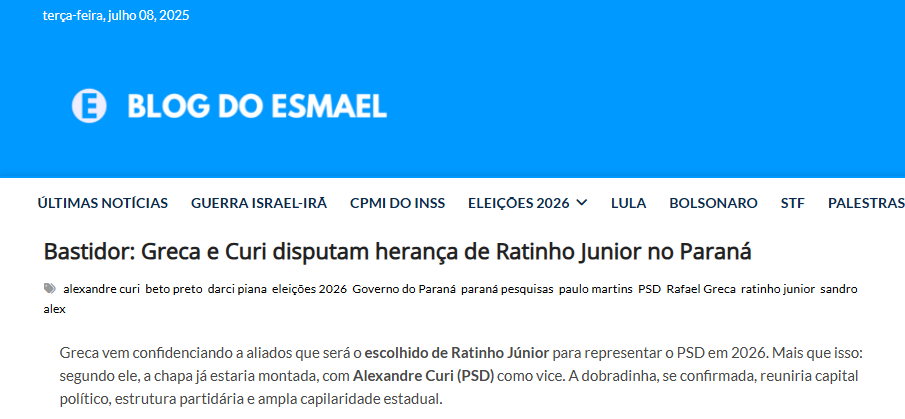 Blog do Esmael cita pesquisa realizada pela Paraná Pesquisas no Estado do Paraná. 2 Blog do Esmael cita pesquisa realizada pela Paraná Pesquisas no Estado do Paraná.