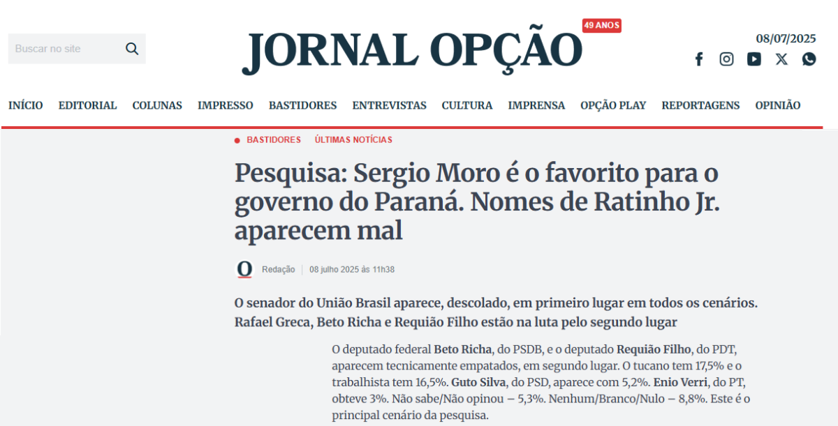 Jornal Opção cita pesquisa realizada pela Paraná Pesquisas no Estado do Paraná.