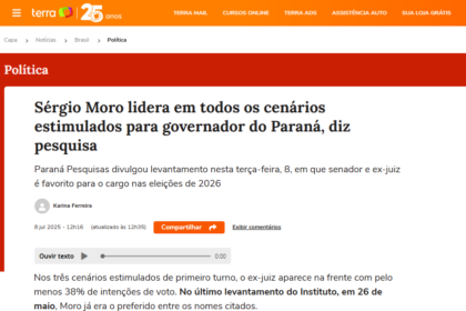 Portal Terra cita pesquisa realizada pela Paraná Pesquisas no Estado do Paraná.