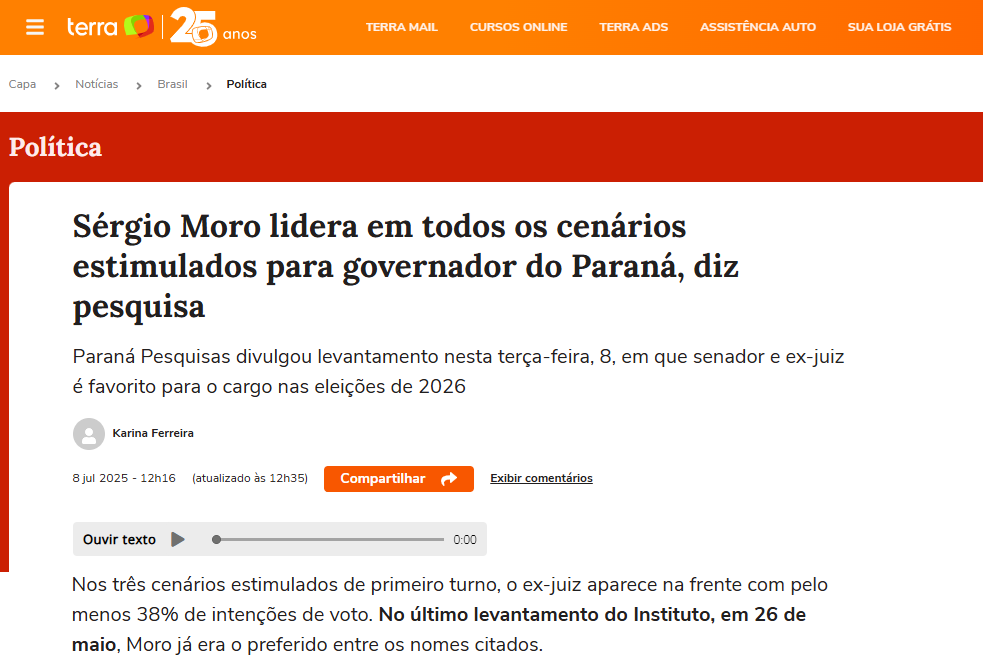 Portal Terra cita pesquisa realizada pela Paraná Pesquisas no Estado do Paraná.
