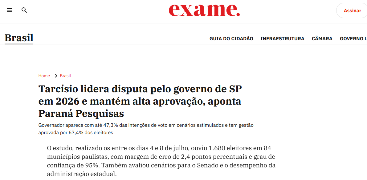 Exame cita pesquisa realizada pela Paraná Pesquisas no Estado de São Paulo.