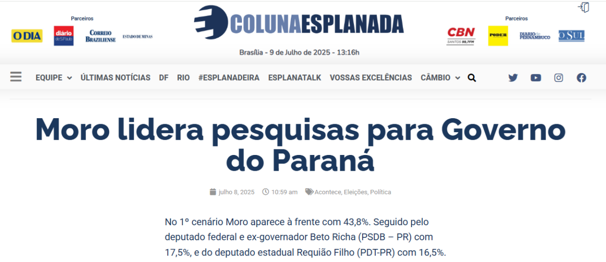 Coluna Esplanada cita pesquisa realizada pela Paraná Pesquisas no Estado do Paraná.