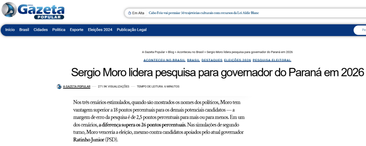 Jornal Gazeta Popular cita pesquisa realizada pela Paraná Pesquisas no Estado do Paraná.
