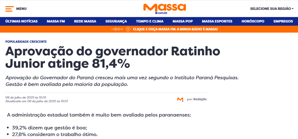 Massa cita pesquisa realizada pela Paraná Pesquisas no Estado do Paraná. 2 Massa cita pesquisa realizada pela Paraná Pesquisas no Estado do Paraná.