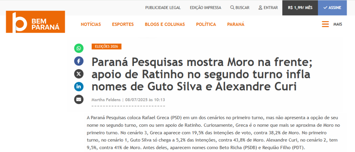 Bem Paraná cita pesquisa realizada pela Paraná Pesquisas no Estado do Paraná.