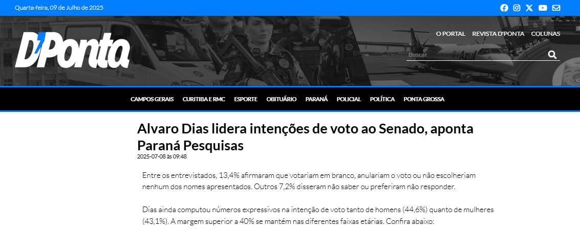 D'Ponta cita pesquisa realizada pela Paraná Pesquisas no Estado do Paraná.