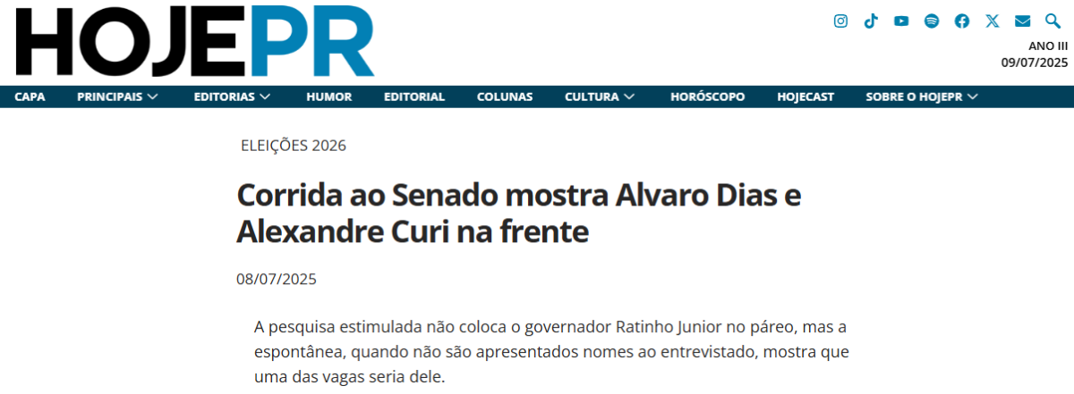 Hoje PR cita pesquisa realizada pela Paraná Pesquisas no Estado do Paraná.