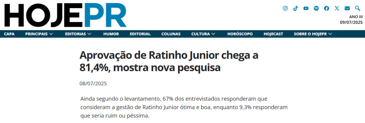 Hoje PR cita pesquisa realizada pela Paraná Pesquisas no Estado do Paraná.