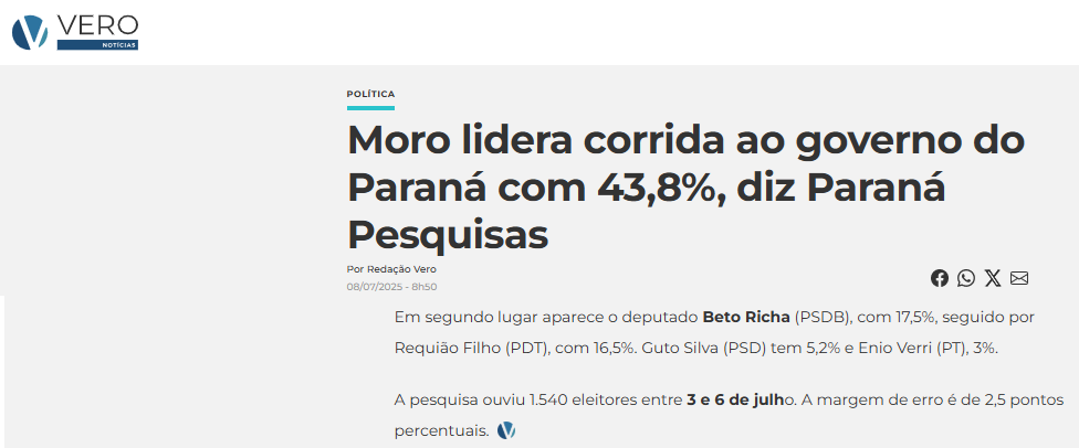 Vero Notícias cita pesquisa realizada pela Paraná Pesquisas no Estado do Paraná. 2 Vero Notícias cita pesquisa realizada pela Paraná Pesquisas no Estado do Paraná.