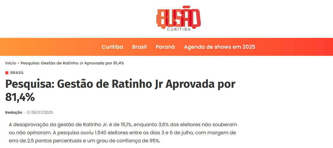 Busão Curitiba cita pesquisa realizada pela Paraná Pesquisas no Estado do Paraná.