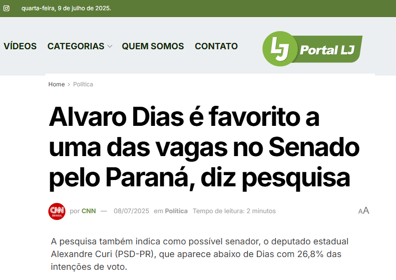 Portal LJ cita pesquisa realizada pela Paraná Pesquisas no Estado do Paraná. 2 Portal LJ cita pesquisa realizada pela Paraná Pesquisas no Estado do Paraná.