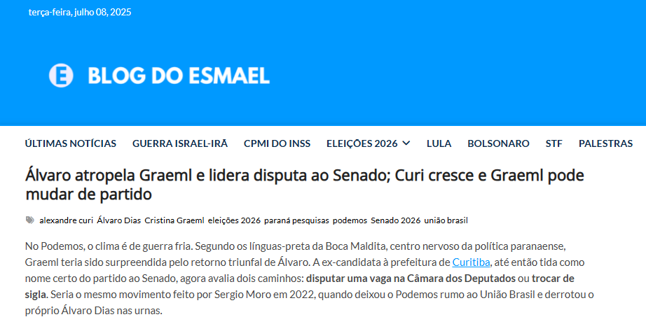 Blog do Esmael cita pesquisa realizada pela Paraná Pesquisas no Estado do Paraná. 2 Blog do Esmael cita pesquisa realizada pela Paraná Pesquisas no Estado do Paraná.