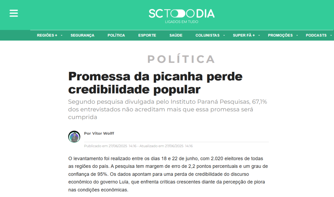 SCTD cita pesquisa realizada pela Paraná Pesquisas.