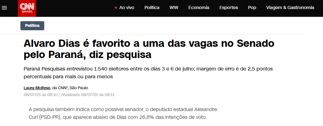CNN Brasil cita pesquisa realizada pela Paraná Pesquisas no Estado do Paraná.