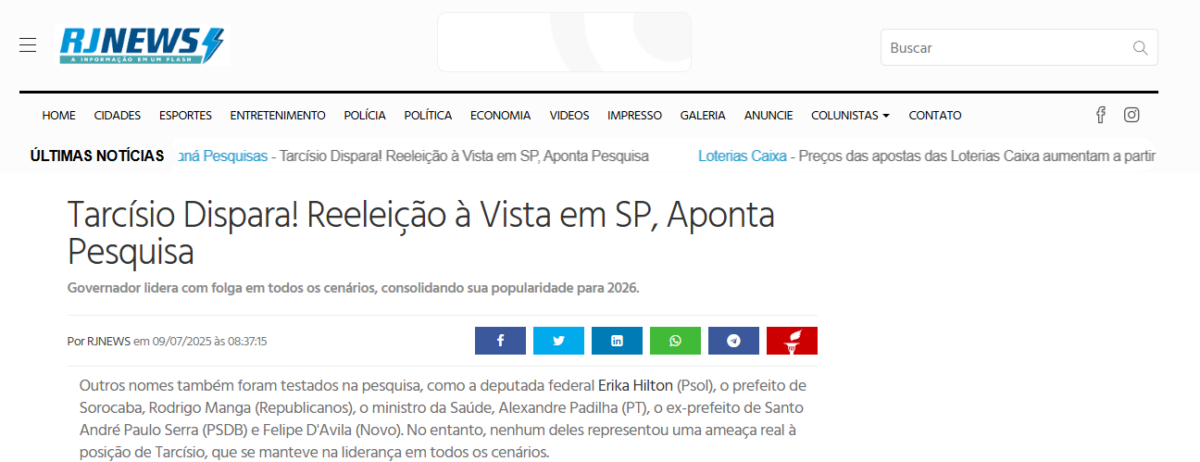 RJ News cita pesquisa realizada pela Paraná Pesquisas no Estado de São Paulo. 2 RJ News cita pesquisa realizada pela Paraná Pesquisas no Estado de São Paulo.