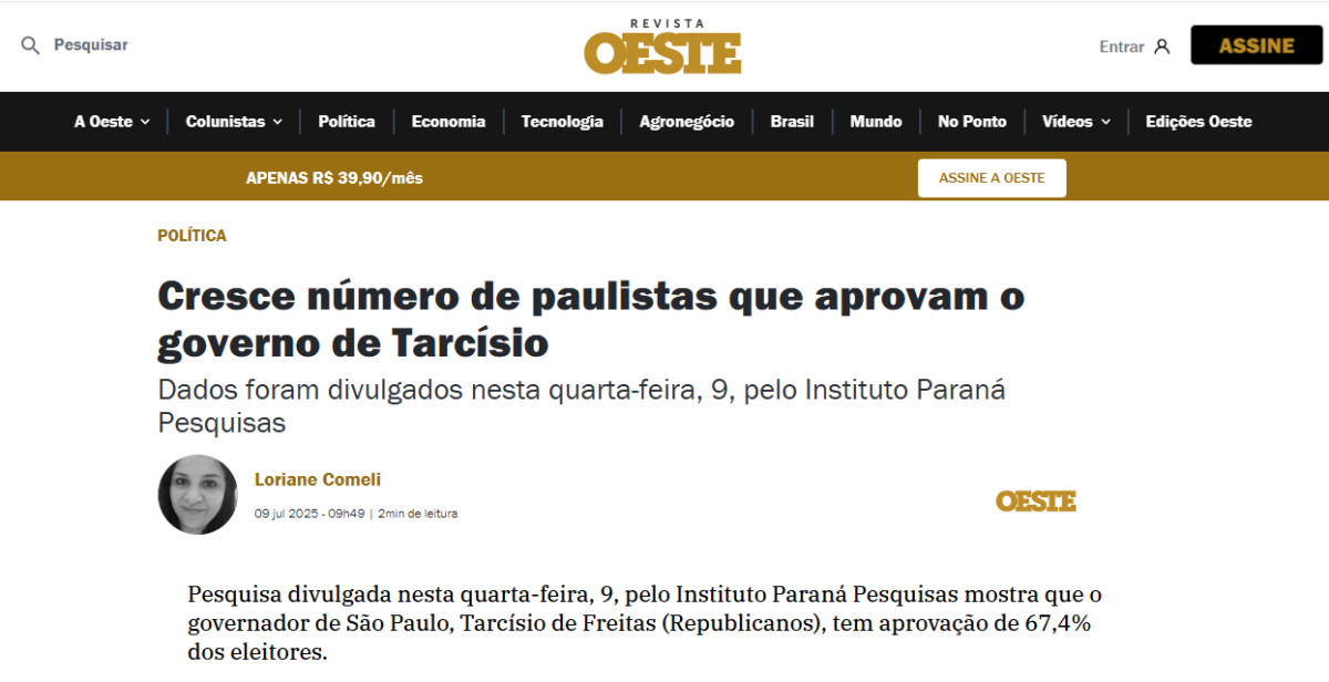 Revista Oeste cita pesquisa realizada pela Paraná Pesquisas no Estado de São Paulo.